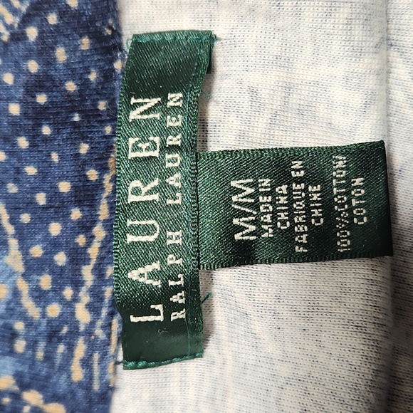 Ralph Lauren Blue w/Tan Floral & Tribal Design Scarf Neck Bodycon Dress Sz. M - Picture 11 of 13